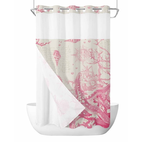 No Hook Cloth Fabric Shower Curtain with Snap in Liner, Pink Coastal Starfish Waterproof Shower Curtains Set with See Through Top Window, Nautical Beach Conch Seashhells Bath Curtains Shower 36"x72"