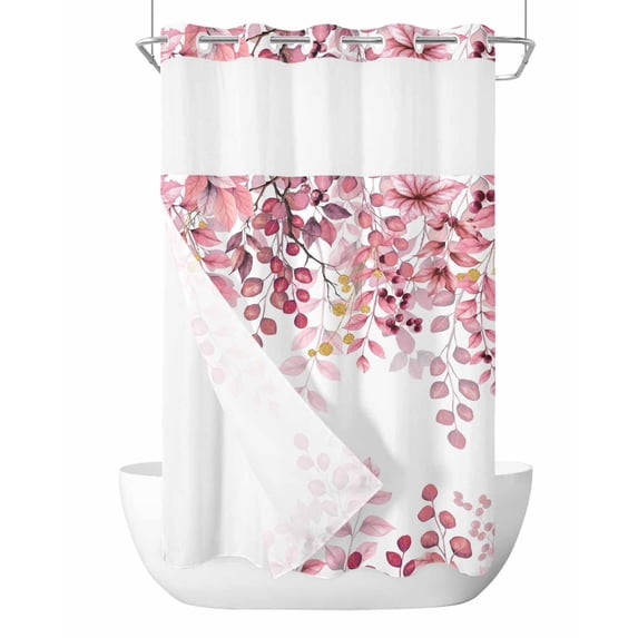 No Hook Cloth Fabric Shower Curtain with Snap in Liner, Pink Eucalyptus Leaves Waterproof Shower Curtains Set with See Through Top Window, Summer Botanical Watercolor Bath Curtains Shower 36"x78"