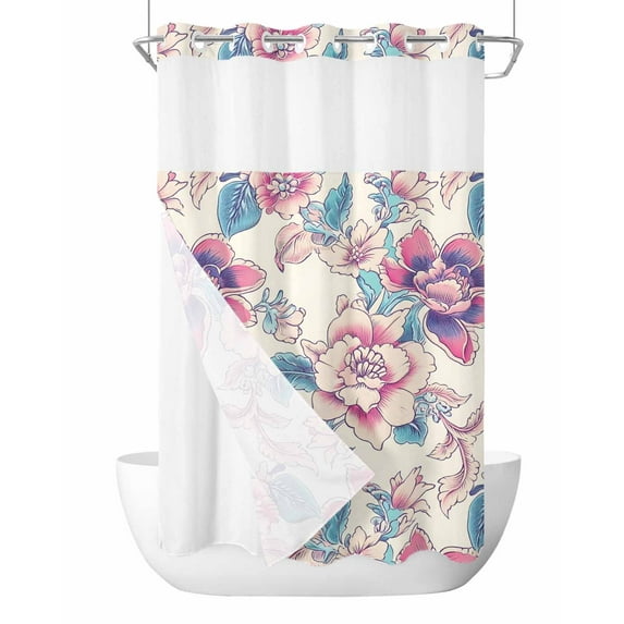 No Hook Cloth Fabric Shower Curtain with Snap in Liner, Pink Floral Retro Waterproof Shower Curtains Set with See Through Top Window, Farmhouse Watercolor Botanical Flowers Bath Curtains 36"x72"