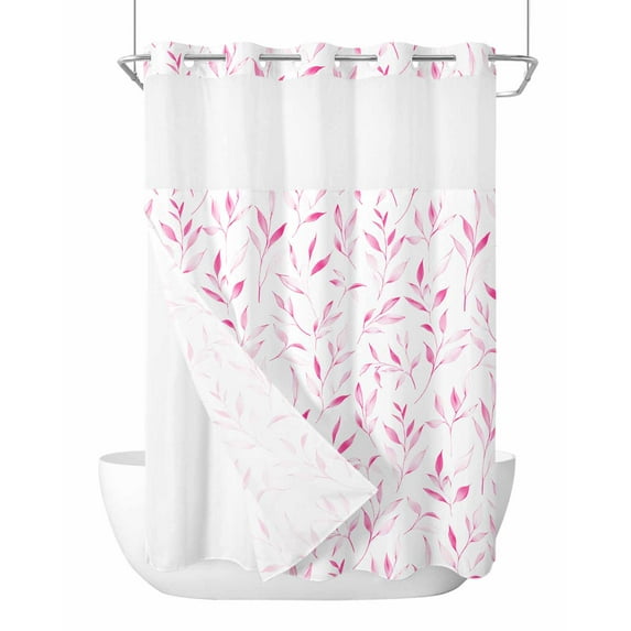 No Hook Cloth Fabric Shower Curtain with Snap in Liner, Pink Leaf Waterproof Shower Curtains Set with See Through Top Window, Modern Botanical Foliage Plant Country Flower Bath Curtains 72"x96"