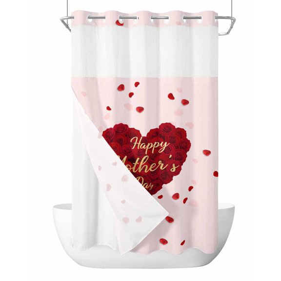 No Hook Cloth Fabric Shower Curtain with Snap in Liner, Pink Mother's Day Waterproof Shower Curtains Set with See Through Top Window, Red Roses Love Hearts Watercolor Bath Curtains Shower 36"x78"