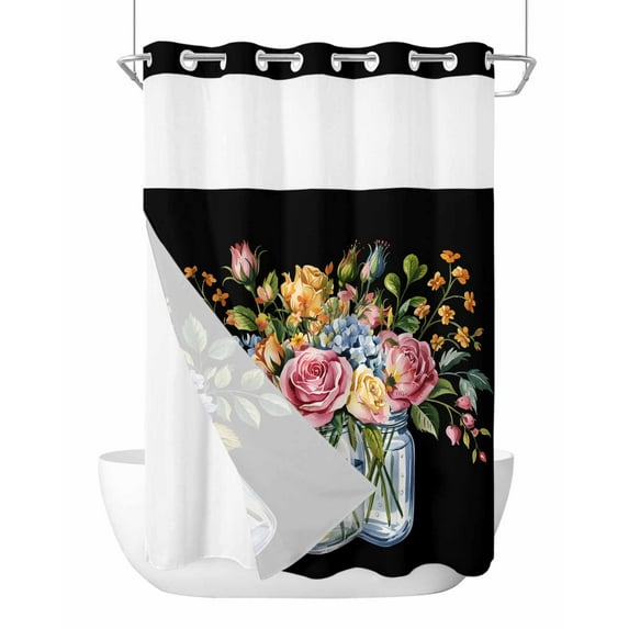 No Hook Cloth Fabric Shower Curtain with Snap in Liner, Pink Spring Floral Waterproof Shower Curtains Set with See Through Top Window, Watercolor Black Botanical Farmhouse Bath Curtains 60"x72"