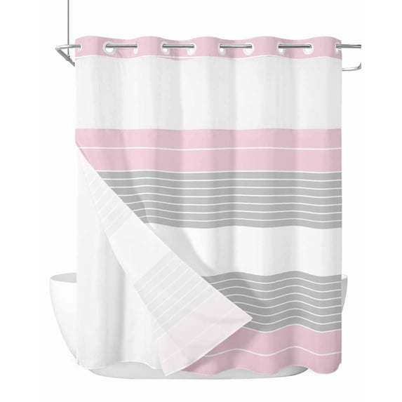 No Hook Cloth Fabric Shower Curtain with Snap in Liner, Pink Striped Waterproof Shower Curtains Set with See Through Top Window, Multicolor Grey White Horizontal Stripes Bath Curtains Shower 66"x72"