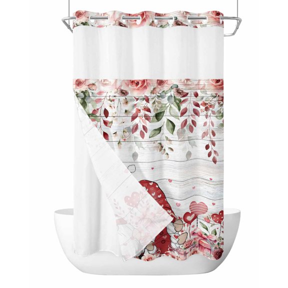 No Hook Cloth Fabric Shower Curtain with Snap in Liner, Pink Valentine's Day Waterproof Shower Curtains Set with See Through Top Window, Romance Roses Leaves Gnomes Wooden Bath Curtains 36"x78"
