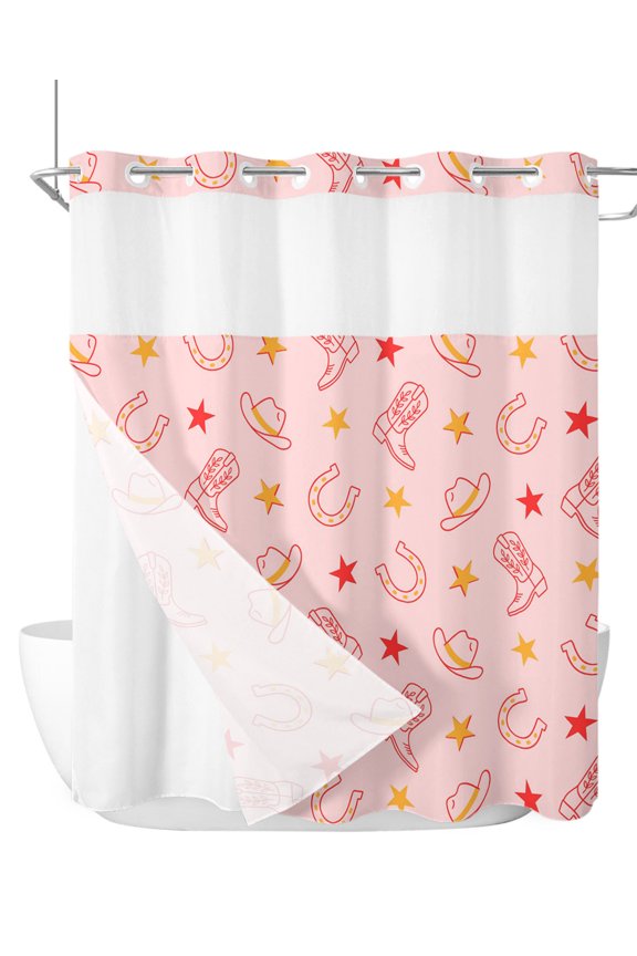 No Hook Cloth Fabric Shower Curtain with Snap in Liner, Pink Western Cowboys Waterproof Shower Curtains Set with See Through Top Window, American Country Boots Horseshoe Bath Curtains Shower 72"x78"