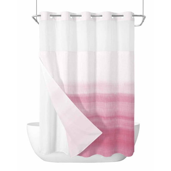 No Hook Cloth Fabric Shower Curtain with Snap in Liner, Pink White Ombre Waterproof Shower Curtains Set with See Through Top Window, Romantic Funny Abstract Striped Lines Bath Curtains Shower 72"x96"