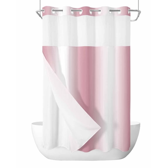 No Hook Cloth Fabric Shower Curtain with Snap in Liner, Pink White Ombre Waterproof Shower Curtains Set with See Through Top Window, Romantic Minimalist Modern Art Bath Curtains Shower 54"x78"
