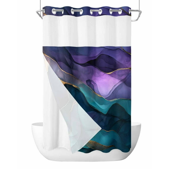 No Hook Cloth Fabric Shower Curtain with Snap in Liner, Purple Blue Ombre Waterproof Shower Curtains Set with See Through Top Window, Modern Luxury Abstract Marble Texture Bath Curtains 54"x78"