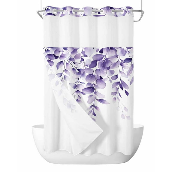 No Hook Cloth Fabric Shower Curtain with Snap in Liner, Purple Eucalyptus Waterproof Shower Curtains Set with See Through Top Window, Botanical Plant Rustic Branch Floral Bath Curtains Shower 54"x78"