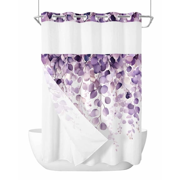 No Hook Cloth Fabric Shower Curtain with Snap in Liner, Purple Eucalyptus Waterproof Shower Curtains Set with See Through Top Window, Spring Botanical Plant Aesthetic Bath Curtains Shower 72"x96"