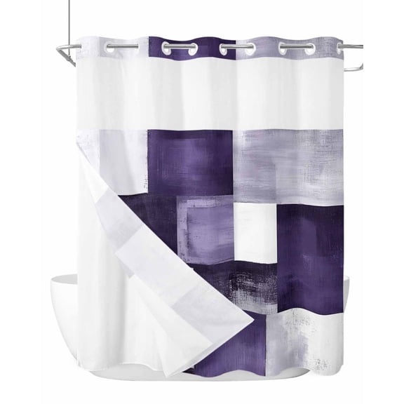 No Hook Cloth Fabric Shower Curtain with Snap in Liner, Purple Geometric Waterproof Shower Curtains Set with See Through Top Window, Vintage Oil Painting Contemporary Bath Curtains Shower 72"x78"