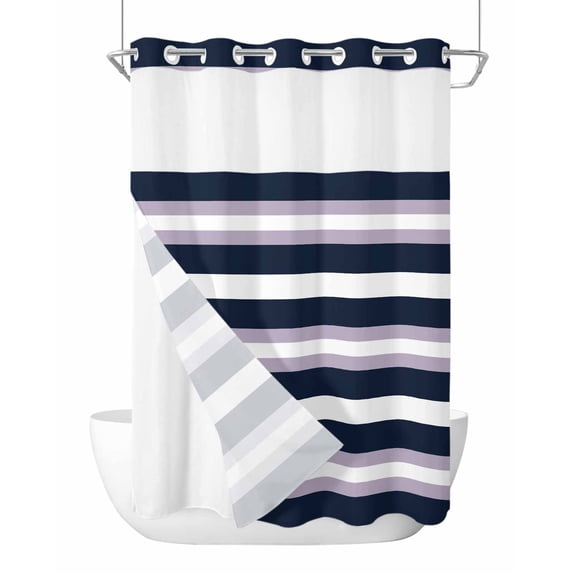 No Hook Cloth Fabric Shower Curtain with Snap in Liner, Purple Navy Blue Striped Waterproof Shower Curtains Set with See Through Top Window, Abstract Gradient Lines Art Bath Curtains Shower 72"x96"