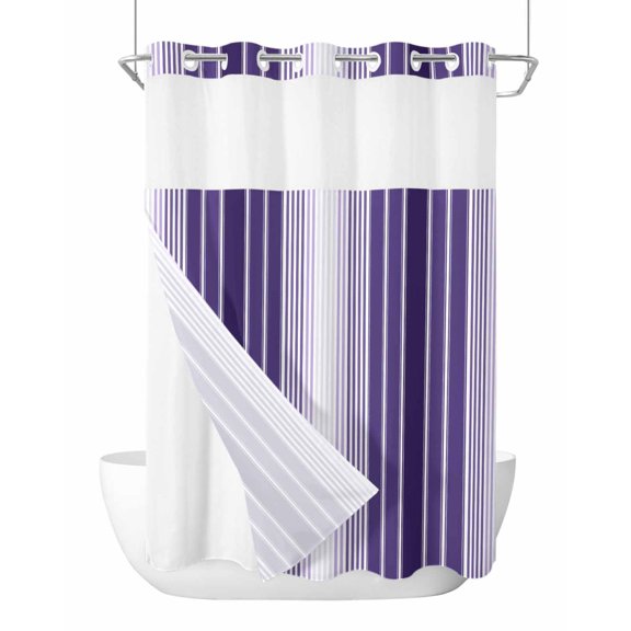 No Hook Cloth Fabric Shower Curtain with Snap in Liner, Purple Ombre Stripe Waterproof Shower Curtains Set with See Through Top Window, Farmhouse Simple Striped Bath Curtains Shower 48"x72"
