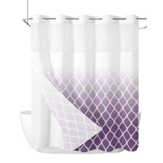 No Hook Cloth Fabric Shower Curtain with Snap in Liner, Purple Ombre Stripe Waterproof Shower Curtains Set with See Through Top Window, Modern Abstract Art Gradient Striped Bath Curtains 72"x72"