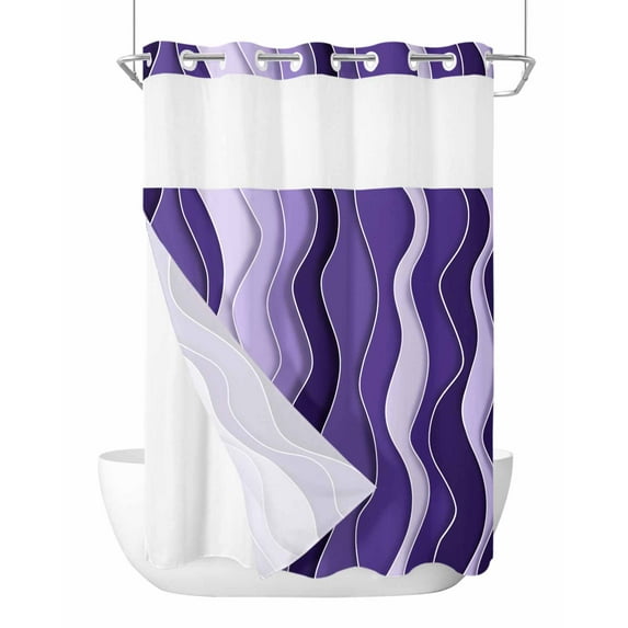No Hook Cloth Fabric Shower Curtain with Snap in Liner, Purple Ombre Waterproof Shower Curtains Set with See Through Top Window, Abstract Art Moire Ocean Waves Bath Curtains Shower 60"x72"