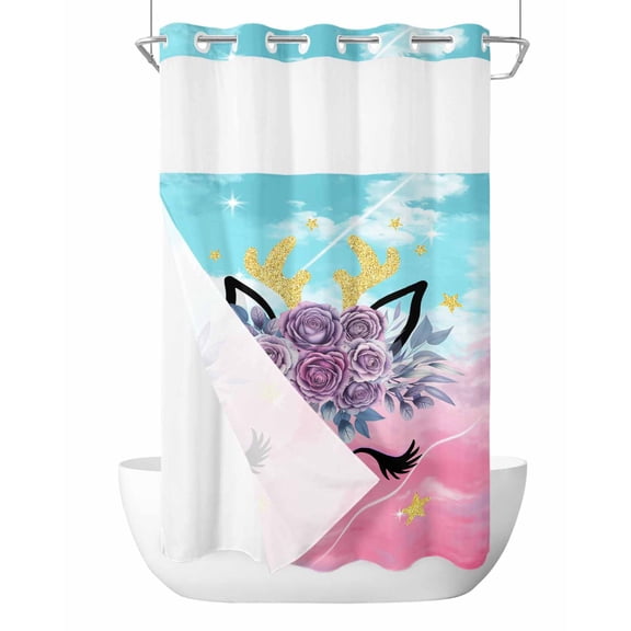 No Hook Cloth Fabric Shower Curtain with Snap in Liner, Purple Rose Antlers Waterproof Shower Curtains Set with See Through Top Window, Abstract Art Teal Pink Fancy Flowers Bath Curtains 36"x72"
