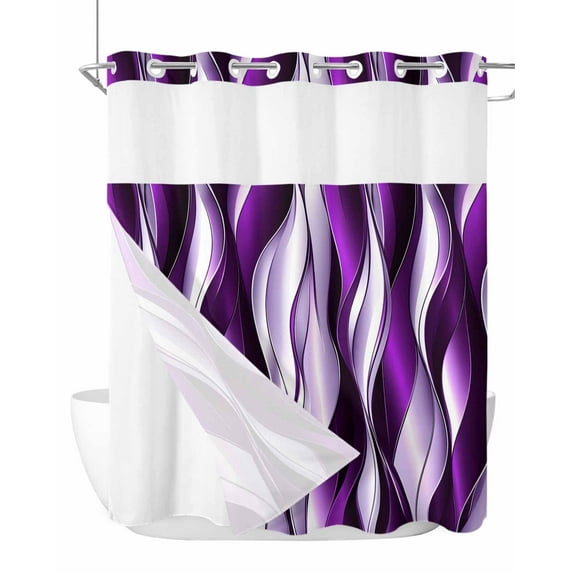 No Hook Cloth Fabric Shower Curtain with Snap in Liner, Purple Striped Ombre Waterproof Shower Curtains Set with See Through Top Window, Modern Purple Moire Geometric Bath Curtains Shower 72"x72"