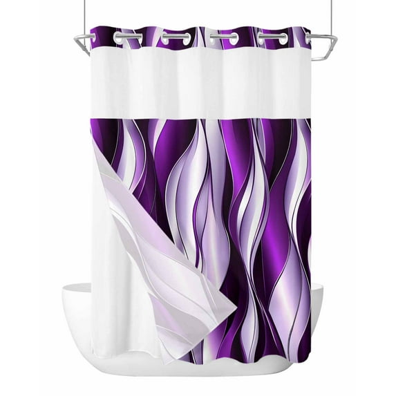 No Hook Cloth Fabric Shower Curtain with Snap in Liner, Purple Striped Ombre Waterproof Shower Curtains Set with See Through Top Window, Modern Purple Moire Geometric Bath Curtains Shower 72"x96"