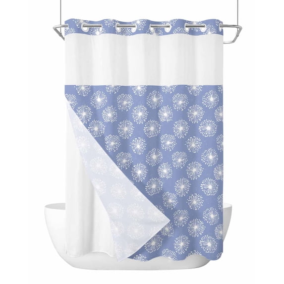 No Hook Cloth Fabric Shower Curtain with Snap in Liner, Purple White Dandelion Waterproof Shower Curtains Set with See Through Top Window, Farmhouse Botanical Blossom Bath Curtains Shower 72"x84"