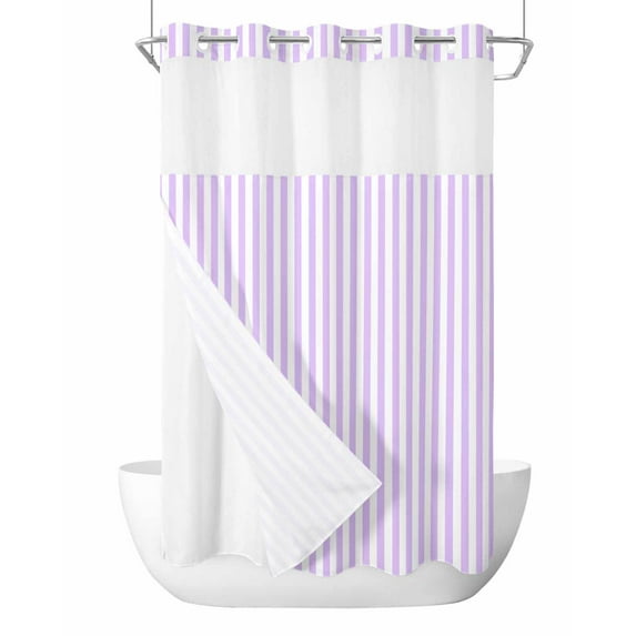 No Hook Cloth Fabric Shower Curtain with Snap in Liner, Purple White Stripe Waterproof Shower Curtains Set with See Through Top Window, Modern Minimalist Geometric Striped Bath Curtains 54"x78"