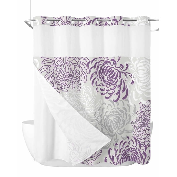 No Hook Cloth Fabric Shower Curtain with Snap in Liner, Purple White Waterproof Shower Curtains Set with See Through Top Window, Abstract Grey Chrysanthemum Flower Floral Bath Curtains Shower 72"x78"