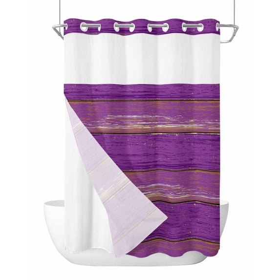 No Hook Cloth Fabric Shower Curtain with Snap in Liner, Purple Wood Grain Waterproof Shower Curtains Set with See Through Top Window, Farmhouse Plank Retro Country Bath Curtains Shower 60"x72"