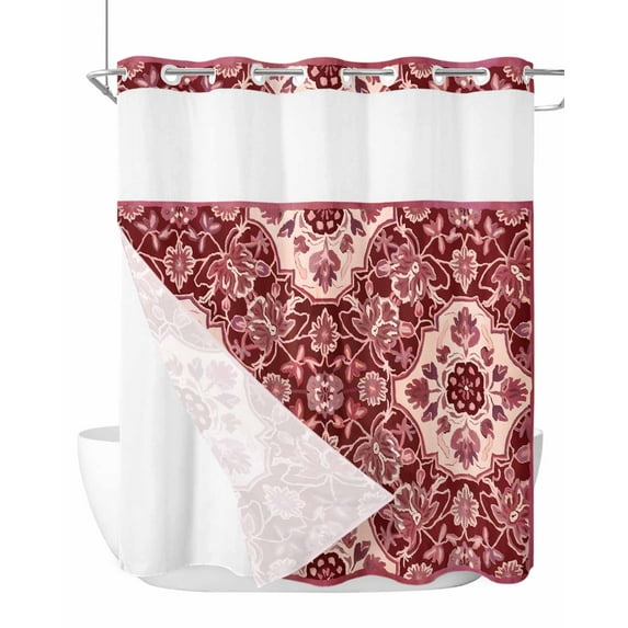 No Hook Cloth Fabric Shower Curtain with Snap in Liner, Red Boho Waterproof Shower Curtains Set with See Through Top Window, Ethnic Tribal Abstract Traditional Floral Bath Curtains Shower 66"x72"