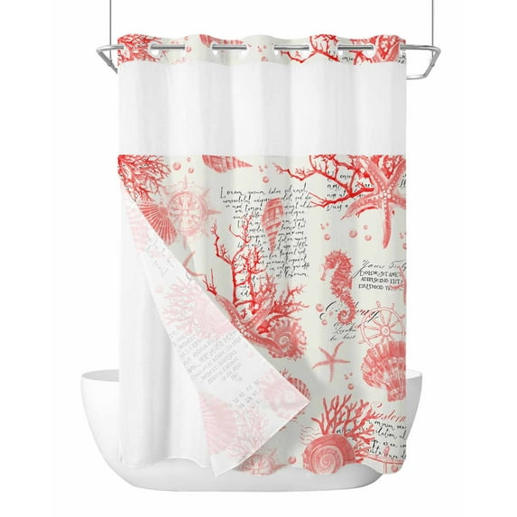 No Hook Cloth Fabric Shower Curtain with Snap in Liner, Red Coastal Shells Waterproof Shower Curtains Set with See Through Top Window, Vintage Nautical Conch Coral Starfish Bath Curtains 48"x72"