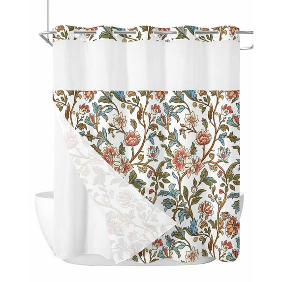 No Hook Cloth Fabric Shower Curtain with Snap in Liner, Red Floral Waterproof Shower Curtains Set with See Through Top Window, Botanical Watercolor Vintage Flower Leaf Bath Curtains Shower 72"x72"