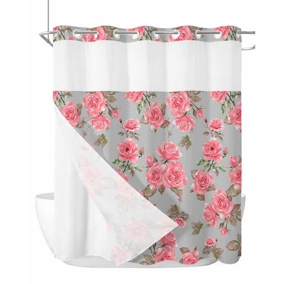 No Hook Cloth Fabric Shower Curtain with Snap in Liner, Red Floral Waterproof Shower Curtains Set with See Through Top Window, Farmhouse Garden Flowers Botanical Bath Curtains Shower 72"x78"