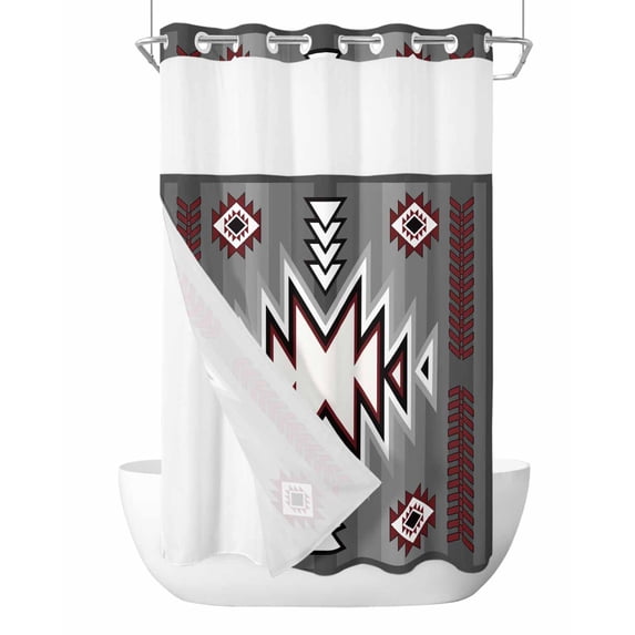 No Hook Cloth Fabric Shower Curtain with Snap in Liner, Red Gray Waterproof Shower Curtains Set with See Through Top Window, Southwest Retro Ethnic AztecTexture Bohemian Bath Curtains Shower 36"x78"