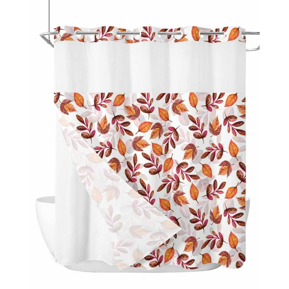 No Hook Cloth Fabric Shower Curtain with Snap in Liner, Red Orange Leaves Fall Waterproof Shower Curtains Set with See Through Top Window, Thanksgiving Botanical Bath Curtains Shower 72"x78"