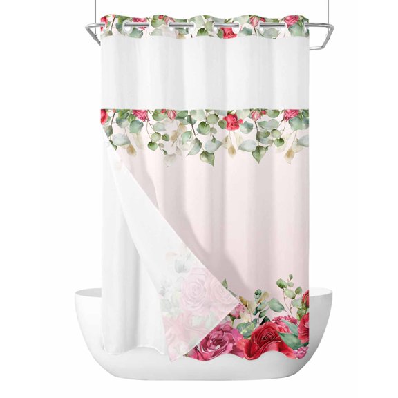 No Hook Cloth Fabric Shower Curtain with Snap in Liner, Red Roses Valentine's Day Waterproof Shower Curtains Set with See Through Top Window, Eucalyptus Leaves Romantic Bath Curtains Shower 36"x72"
