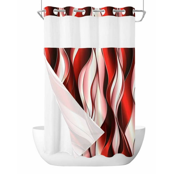 No Hook Cloth Fabric Shower Curtain with Snap in Liner, Red Striped Ombre Waterproof Shower Curtains Set with See Through Top Window, Modern Red Moire Geometric Bath Curtains Shower 54"x78"