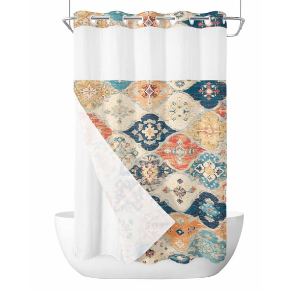 No Hook Cloth Fabric Shower Curtain with Snap in Liner, Retro Morocco Waterproof Shower Curtains Set with See Through Top Window, Colorful Rustic Abstract Shabby Texture Bath Curtains Shower 36"x72"