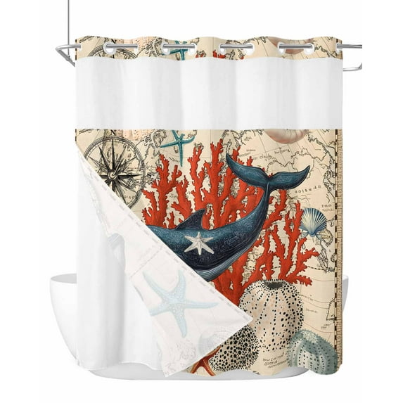 No Hook Cloth Fabric Shower Curtain with Snap in Liner, Retro Whale Waterproof Shower Curtains Set with See Through Top Window, Vintage Coastal Coral Starfish Nautical Bath Curtains Shower 66"x72"