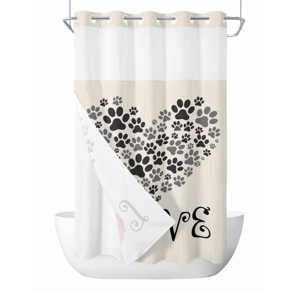 No Hook Cloth Fabric Shower Curtain with Snap in Liner, Romance Love Waterproof Shower Curtains Set with See Through Top Window, Heart Dog Paw Prints Roses Beige Bath Curtains Shower 36"x78"