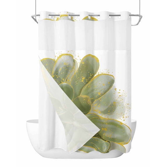 No Hook Cloth Fabric Shower Curtain with Snap in Liner, Sage Green Gold Waterproof Shower Curtains Set with See Through Top Window, Aesthetics Flower Boho Watercolor Art Bath Curtains Shower 72"x84"