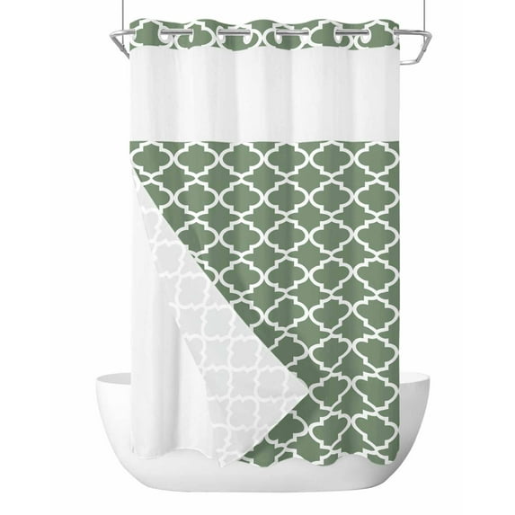 No Hook Cloth Fabric Shower Curtain with Snap in Liner, Sage Green Morocco Waterproof Shower Curtains Set with See Through Top Window, Minimalist Boho Ethnic Abstract Motif Bath Curtains 36"x72"