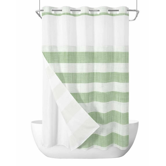 No Hook Cloth Fabric Shower Curtain with Snap in Liner, Sage Green Striped Waterproof Shower Curtains Set with See Through Top Window, Farmhouse Vintage Stripes Bath Curtains Shower 54"x78"
