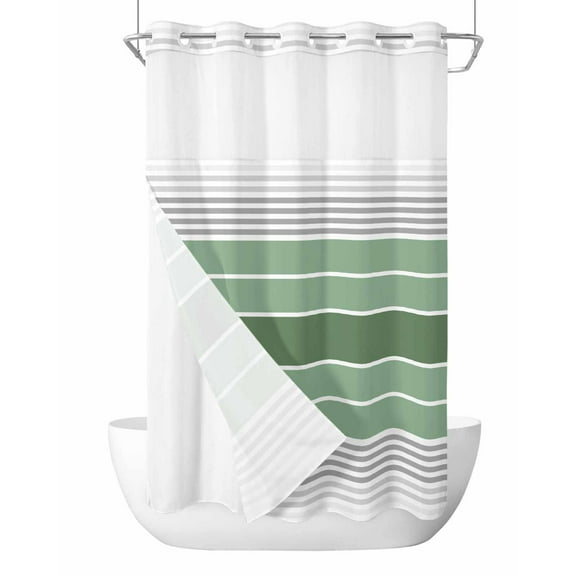 No Hook Cloth Fabric Shower Curtain with Snap in Liner, Sage Green Stripes Waterproof Shower Curtains Set with See Through Top Window, Modern Spring Abstract Striped Bath Curtains Shower 36"x78"