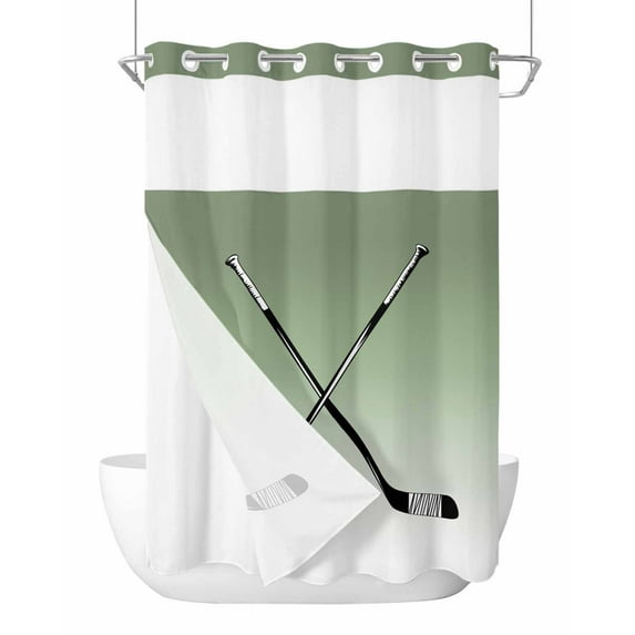 No Hook Cloth Fabric Shower Curtain with Snap in Liner, Sage Green White Waterproof Shower Curtains Set with See Through Top Window, Modern Ombre Sports Game Ice Hockey Bath Curtains Shower 72"x84"