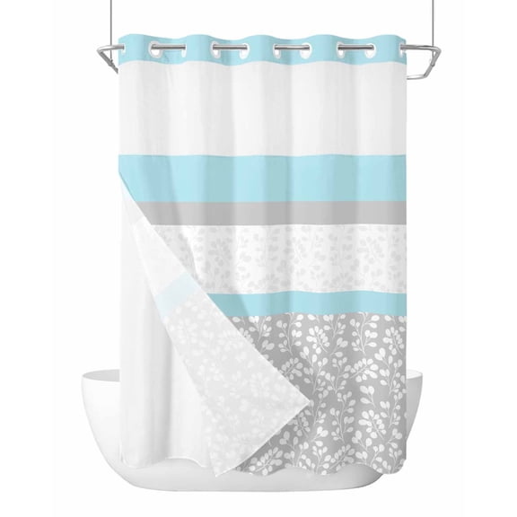 No Hook Cloth Fabric Shower Curtain with Snap in Liner, Sky Blue Grey Waterproof Shower Curtains Set with See Through Top Window, Chic Garden Floral Stripe Embroidery Design Bath Curtains 72"x96"