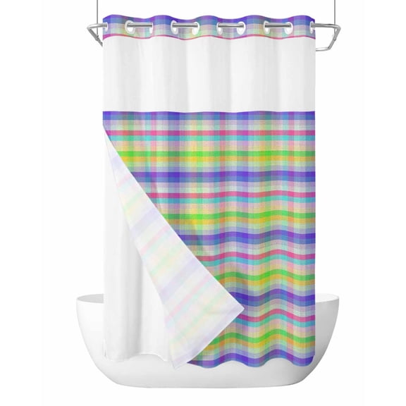 No Hook Cloth Fabric Shower Curtain with Snap in Liner, Slate Blue Plaid Waterproof Shower Curtains Set with See Through Top Window, Colorful Vintage Check Farmhouse Bath Curtains Shower 54"x78"