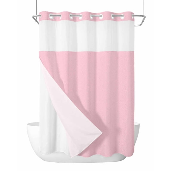 No Hook Cloth Fabric Shower Curtain with Snap in Liner, Solid Pink Waterproof Shower Curtains Set with See Through Top Window, Romantic Minimalism Abstract Denim Texture Bath Curtains Shower 72"x96"