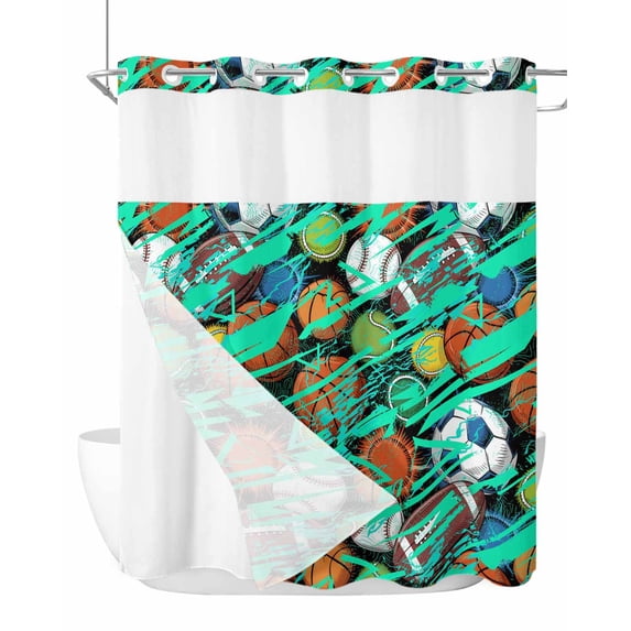 No Hook Cloth Fabric Shower Curtain with Snap in Liner, Sports Theme Waterproof Shower Curtains Set with See Through Top Window, Funny Abstract Football Rugby Basketball Bath Curtains Shower 72"x72"