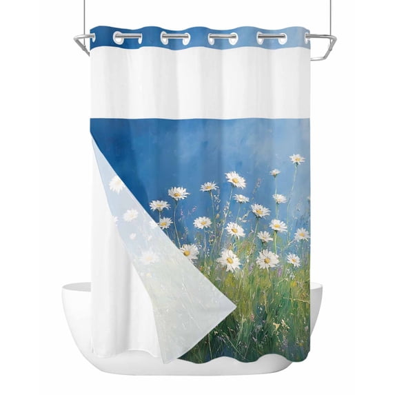 No Hook Cloth Fabric Shower Curtain with Snap in Liner, Spring Floral Waterproof Shower Curtains Set with See Through Top Window, Modern Oil Painting Farmhouse Botanical Bath Curtains Shower 48"x72"