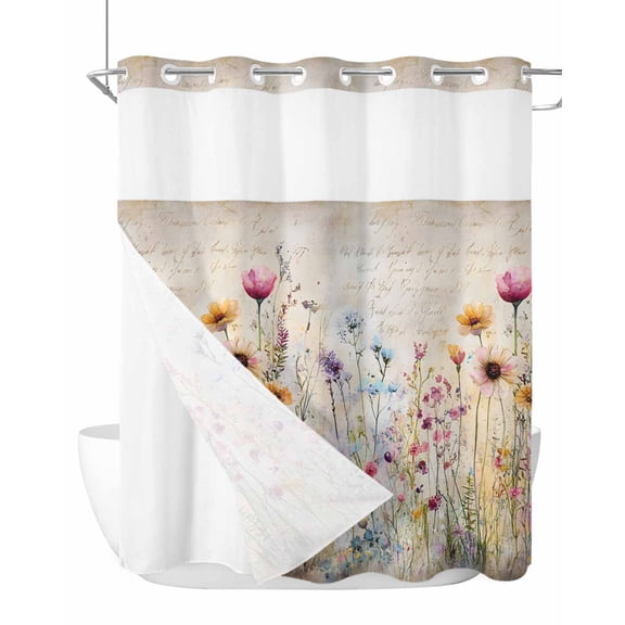 No Hook Cloth Fabric Shower Curtain with Snap in Liner, Spring Floral Waterproof Shower Curtains Set with See Through Top Window, Vintage Flowers Summer Botanical Bath Curtains Shower 66"x72"