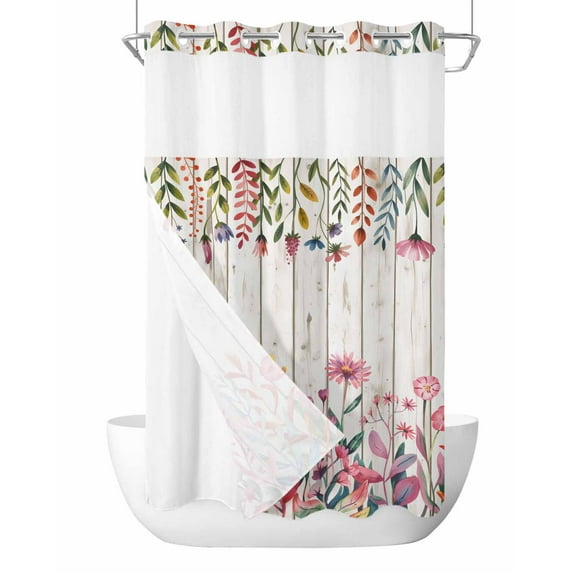 No Hook Cloth Fabric Shower Curtain with Snap in Liner, Spring Floral Waterproof Shower Curtains Set with See Through Top Window, Watercolor Botanical Wooden Farmhouse Bath Curtains Shower 36"x72"