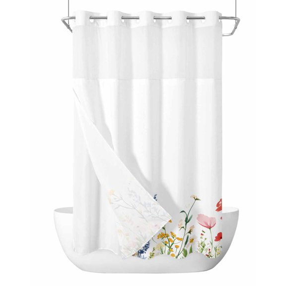 No Hook Cloth Fabric Shower Curtain with Snap in Liner, Spring Flowers Waterproof Shower Curtains Set with See Through Top Window, Simple Botanical Wildflowers Herbs Bath Curtains Shower 36"x72"